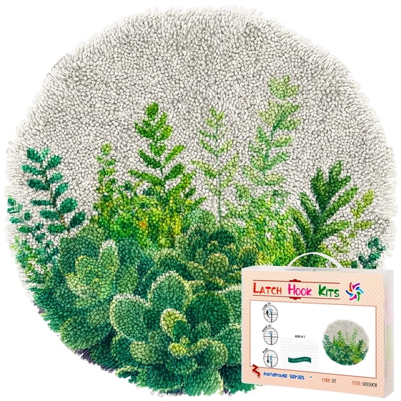 Latch Hook Rug Kit Succulents Stamped Handmade Round Shape Carpet Crochet Yarn Craft DIY Hook and Latch Door Mat Tapestry for Christmas Home Floor Decor 50x50cm(1)