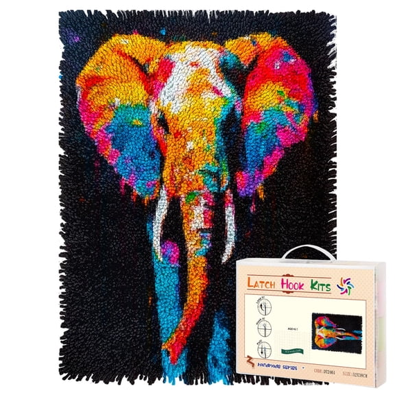 Latch Hook Rug Kit Vibrant Elephant Pre-printed Handmade Carpet Crochet Yarn Craft DIY Hook and Latch Door Mat Tapestry for Home Floor Decoration 52x38cm-1