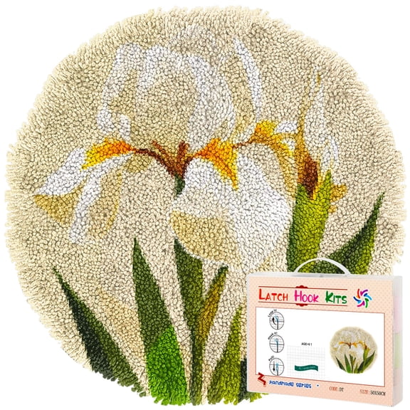 Latch Hook Rug Kit White Iris Flower Stamped Handmade Round Shape Carpet Crochet Yarn Craft DIY Hook and Latch Door Mat Tapestry for Home Floor Decor 50x50cm