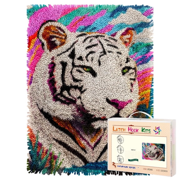 Latch Hook Rug Kit White Tiger in Colorful Plant Pre-printed Handmade Carpet Crochet Yarn Craft DIY Hook and Latch Door Mat Tapestry for Home Floor Decoration 52x38cm-2