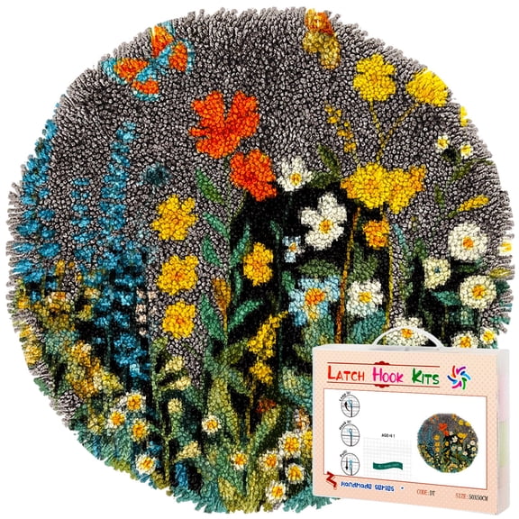 Latch Hook Rug Kit Wild Flowers and Butterflies Stamped Handmade Round Shape Carpet Crochet Yarn Craft DIY Hook and Latch Door Mat Tapestry for Christmas Home Floor Decor 50x50cm(2)