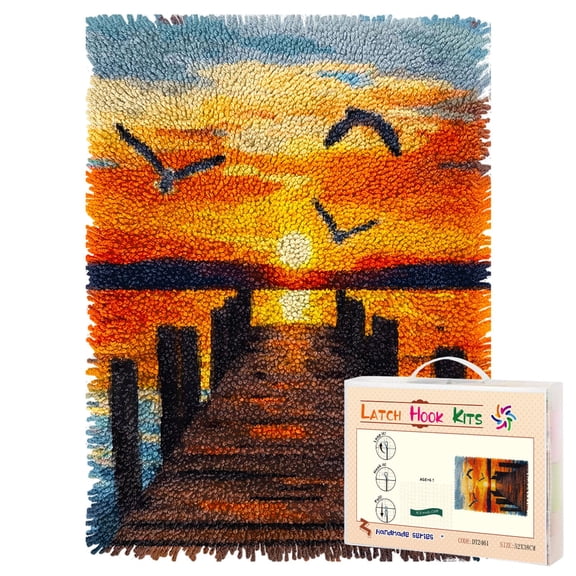 Latch Hook Rug Kit Wooden Dock with Seagulls Flying Pre-printed Handmade Carpet Crochet Yarn Craft DIY Hook and Latch Door Mat Tapestry for Home Floor Decoration 52x38cm-3