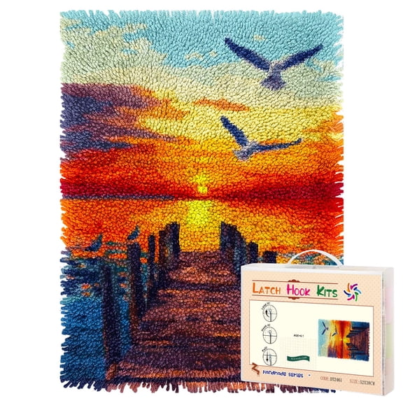 Latch Hook Rug Kit Wooden Dock with Seagulls Flying Pre-printed Handmade Carpet Crochet Yarn Craft DIY Hook and Latch Door Mat Tapestry for Home Floor Decoration 52x38cm-2