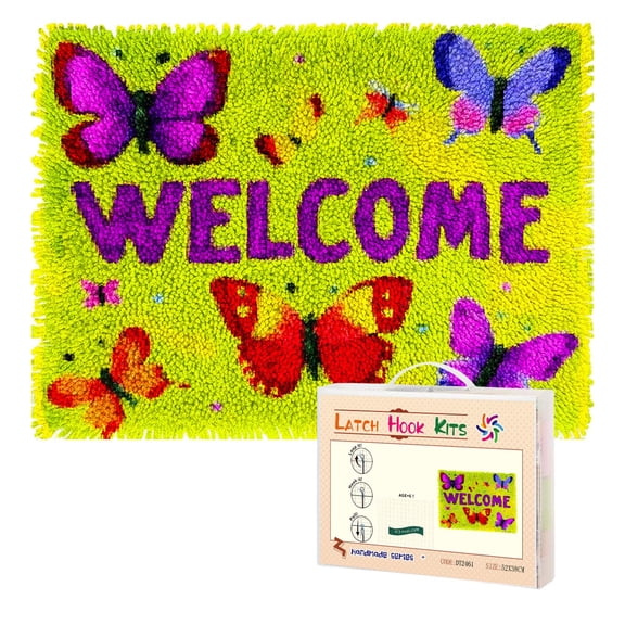 Latch Hook Rug Kit Word Welcome Colorful Butterflies Pre-Printed Handmade Carpet Crochet Yarn Craft DIY Hook and Latch Door Mat Tapestry for Home Floor Decoration 52x38cm-1