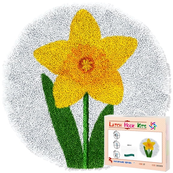 Latch Hook Rug Kit Yellow Daffodil Flower Stamped Handmade Round Shape Carpet Crochet Yarn Craft DIY Hook and Latch Door Mat Tapestry for Home Floor Decor 50x50cm(2)