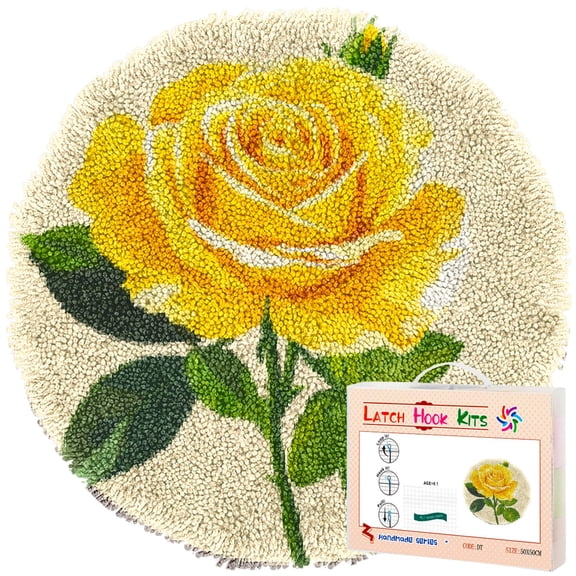 Latch Hook Rug Kit Yellow Rose Graphic Stamped Handmade Round Shape Carpet Crochet Yarn Craft DIY Hook and Latch Door Mat Tapestry for Home Floor Decor 50x50cm(6)