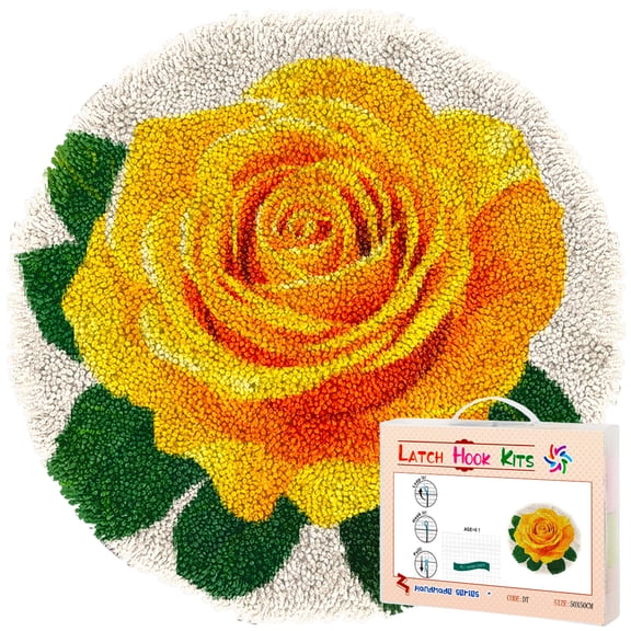 Latch Hook Rug Kit A Yellow Rose Stamped Handmade Round Shape Carpet Crochet Yarn Craft DIY Hook and Latch Door Mat Tapestry for Home Floor Decor 50x50cm(2)