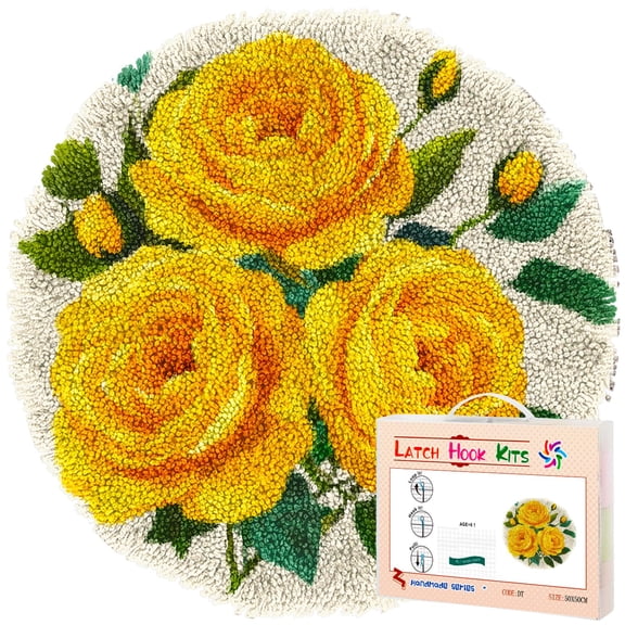 Latch Hook Rug Kit Yellow Roses Stamped Handmade Round Shape Carpet Crochet Yarn Craft DIY Hook and Latch Door Mat Tapestry for Christmas Home Floor Decor 50x50cm(3)