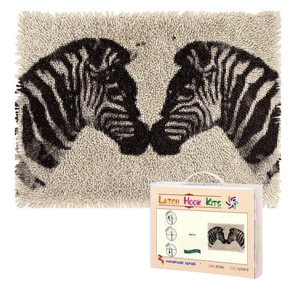 Latch Hook Rug Kit Zebras Couple Pre-Printed Handmade Carpet Crochet Yarn Craft DIY Hook and Latch Door Mat Tapestry for Home Floor Decoration 52x38cm-1