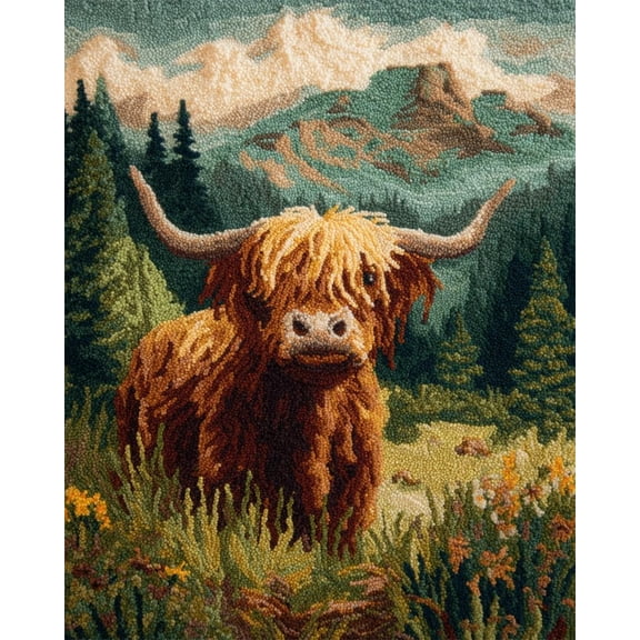 Latch Hook Rug Kits For Adults Beginners Highland Cattle In The Fields Diy Craft Doormat Rug Making Kit Tapestry Cushion Knitting Patterns Printed Mesh Mat Canvas Wool Yarn Fabric Gift Wome