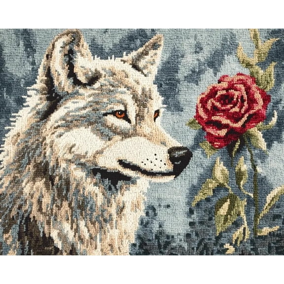 Latch Hook Rug Kits For Adults Beginners The Wolf And The Rose Diy Craft Doormat Rug Making Kit Tapestry Cushion Knitting Patterns Printed Mesh Mat Canvas Wool Yarn Fabric Gift Women