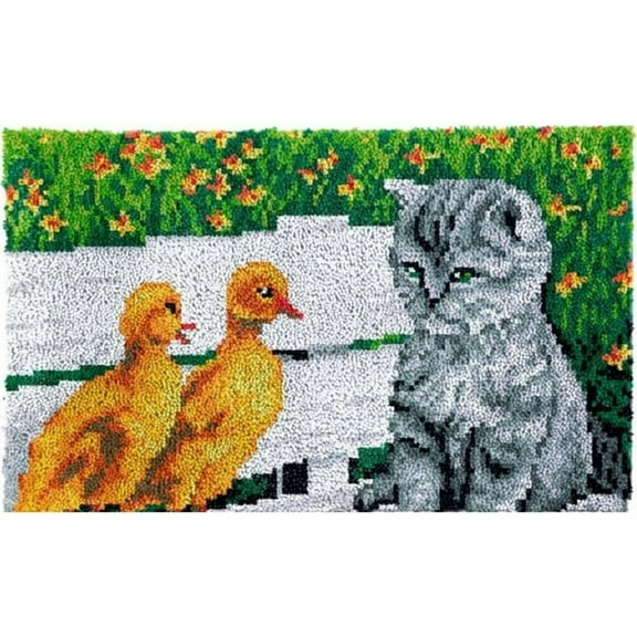 Latch Hook Rug Kits for Adults,Cat with Ducks Rug Making Latch Hooking Kit latch hook cushion kits,Needlework Cushion Cover Hand Craft Crochet for Great Family