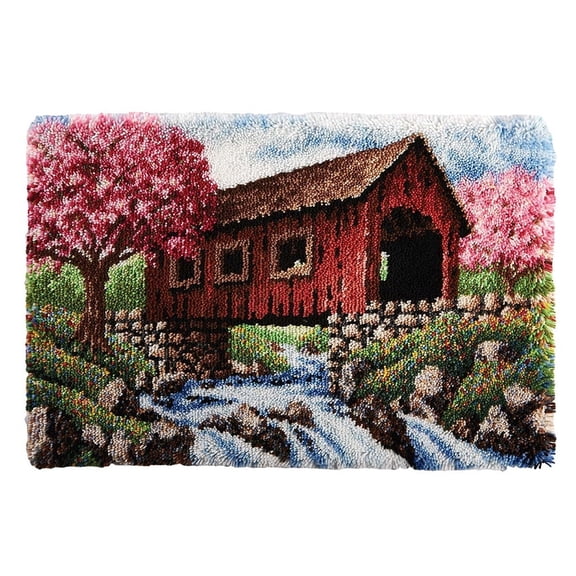Latch Hook Rug Kits for Adults,Covered Bridge Autumn Latch Hook Kit for adults cushion,DIY Yarn Carpet Crafting Arts Cushion Mat Crochet Tapestry Sofa Decor 75  55cm / 29.5 * 21.65 inches