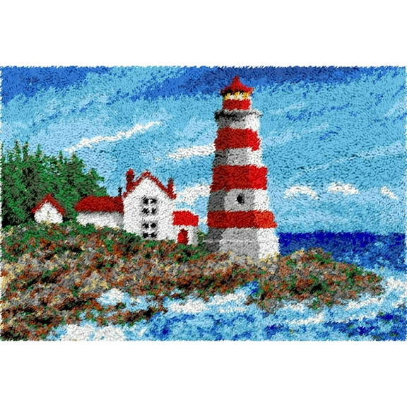 Latch Hook Rug Kits for Adults,Lighthouse on Rocks latch hook kits for adults cushion,DIY Yarn Carpet Crafting Arts Cushion Mat Crochet Tapestry Sofa Decor