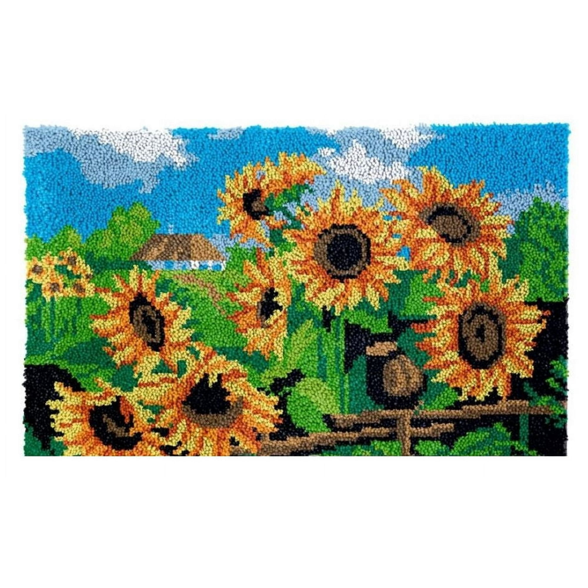 Latch Hook Rug Kits for Adults,Sunflower Field latch hook kits for adults cushion,DIY Yarn Carpet Crafting Arts Cushion Mat Crochet Tapestry Sofa Decor