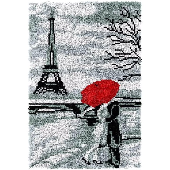 Paris Eiffel Tower Red Umbrella Couple Latch Hook Rug DIY Kit, Romantic City Landscape Handmade Floor Mat for Home Decor 60 X 40 cm