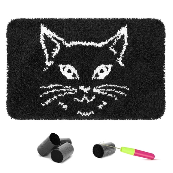 Latch Hook Rug Kits Embroidery DIY Black Cat Pattern Crochet Needlework Crafts for Adults and Kids Beginners 20*15