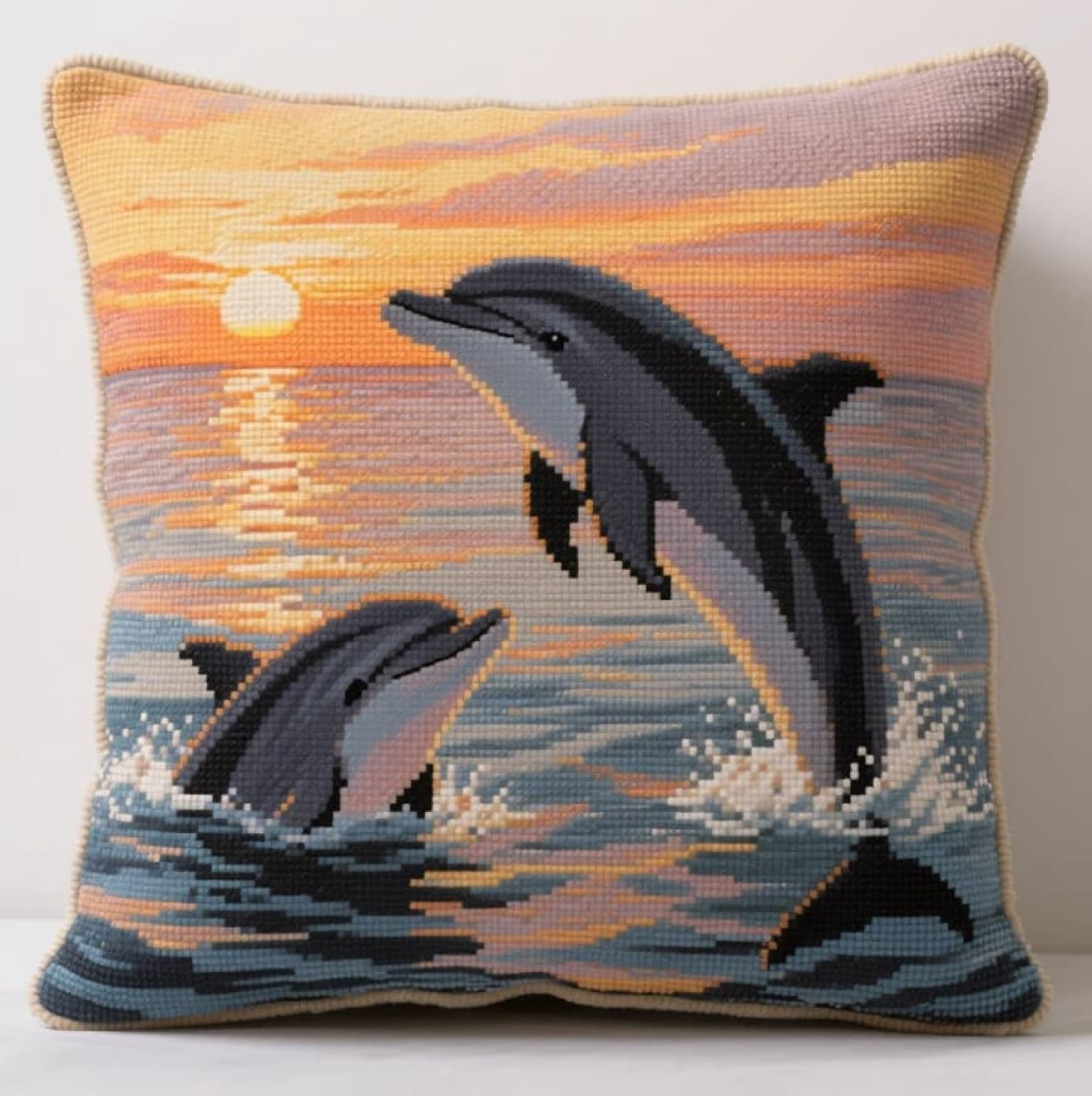 Latch Hook Rug Kits For Adults Dolphin Diy Latch Hook Cushion Cross-Stitch Embroidery Cushion Cover For Home Sofa Decoration 17X17 In.