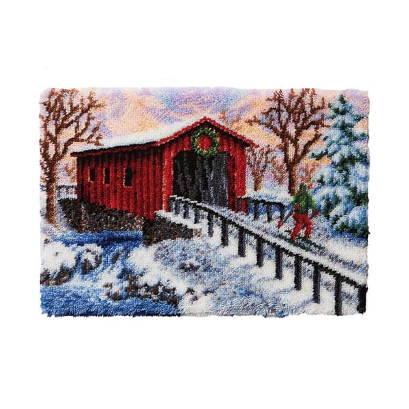 Latch Hook Rug Kits for Adults ,Covered Bridge in Winter | Crocheting Carpet Rug Yarn Sofa Cushion Mat Tapestry 50×38cm/20*15in