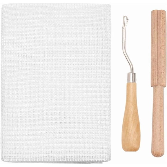 Latch Hook Tool Rug Mesh Fabric Sets Wood Handle 1 pc Iron Bent Latch Hook & 1 pc Stick Cutter & 1 Sheet Polyester Mesh Fabric Embroidery Crafts Supplies for DIY Carpet Tapestry Making