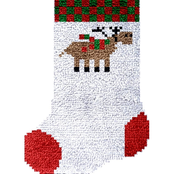 Latch Hook kits Christmas Sock Reindeer DIY Printed Canvas Crochet Yarn Embroidery Easy for Beginner Xmas Gift Stocking Bag for Christmas Ornament Decoration 43x31cm