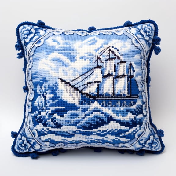 Latch Hook kits Pillow Blue Sea Sailboat Printed Canvas Cushion Crochet Yarn Needlework DIY Hook Latch Kit Embroidery Pillowcase Rug Cover Home Sofa Christmas Decoration 43x43cm