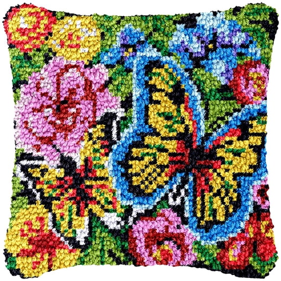 Latch Hook kits Pillow Colorful Butterflies and Flowers Printed Canvas Cushion Crochet Yarn Needlework DIY Hook Latch Kit Embroidery Pillowcase Rug Cover Home Sofa Christmas Decoration 43x43cm(1)