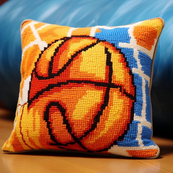 Latch Hook kits Pillow Cover Orange Basketball Pattern Printed Canvas Cushion Crochet Yarn Needlework DIY Hook Latch Kit Embroidery Pillowcase Rug Home Sofa Christmas Decoration 43x43cm(3)