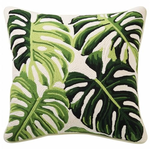 Latch Hook kits Pillow Tropical Plants Monstera Leaves Printed Canvas Cushion Crochet Yarn Needlework DIY Hook Latch Kit Embroidery Pillowcase Rug Cover Home Sofa Decoration 43x43cm(7)