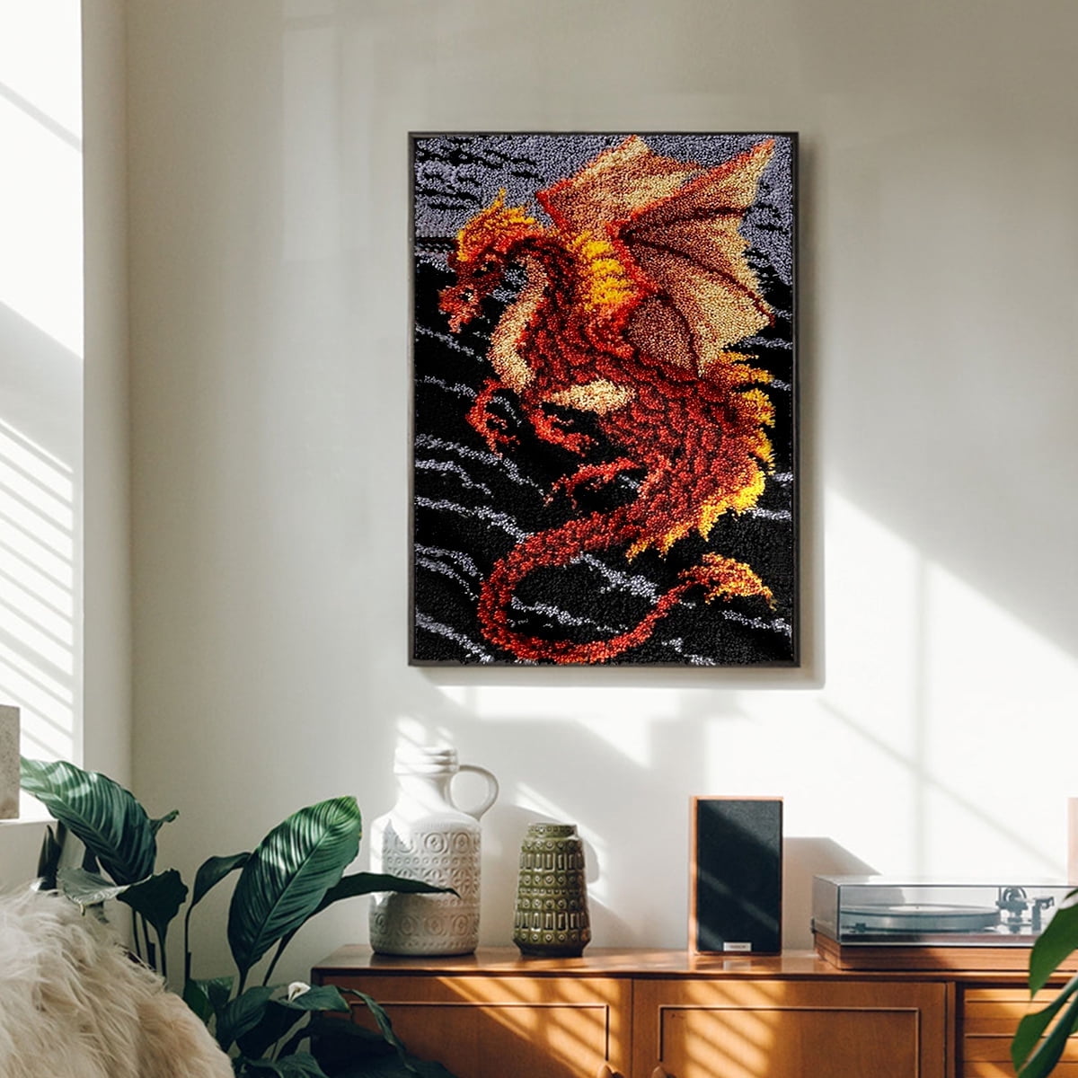 ShowNiceArt Rectangle Dinosaur and Dragon Latch Hook Kit, DIY Sofa Cushion Tapestry Craft Mat, 50×38cm/20×15in
