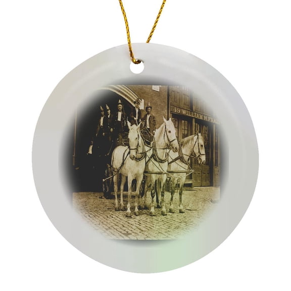3drose, Late 1800s Horse Drawn Fire Company Sepia, Circle Porcelain Ornament