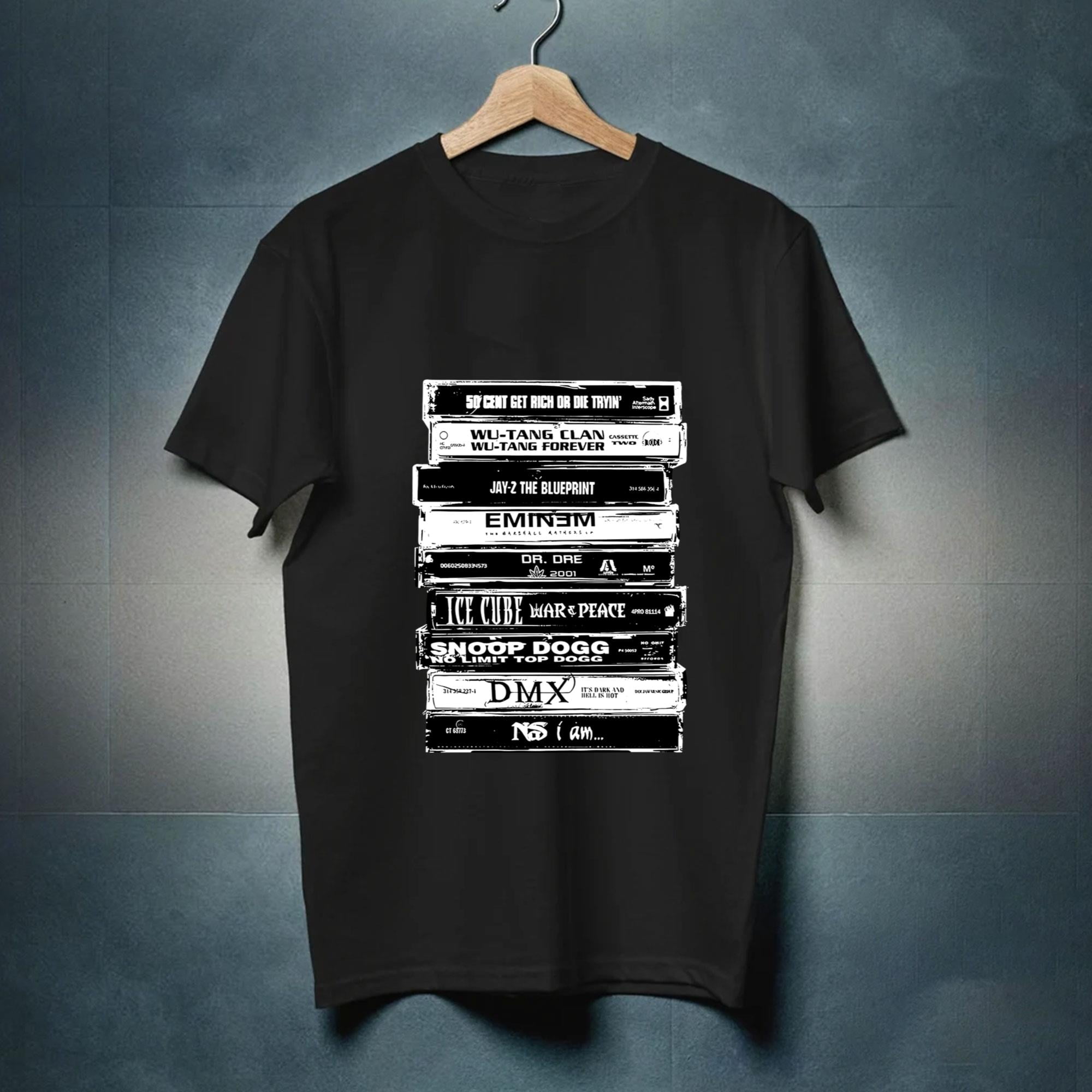 Late 90s and early 2000s Rap & HipHop Music Cassette Stack Shirt. 50