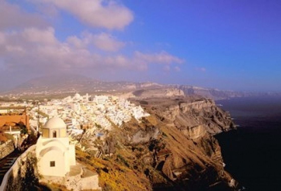 Late Afternoon View of Town Thira Santorini Cyclades Islands Greece Canvas Art - Walter Bibikow DanitaDelimont (24 x 15)
