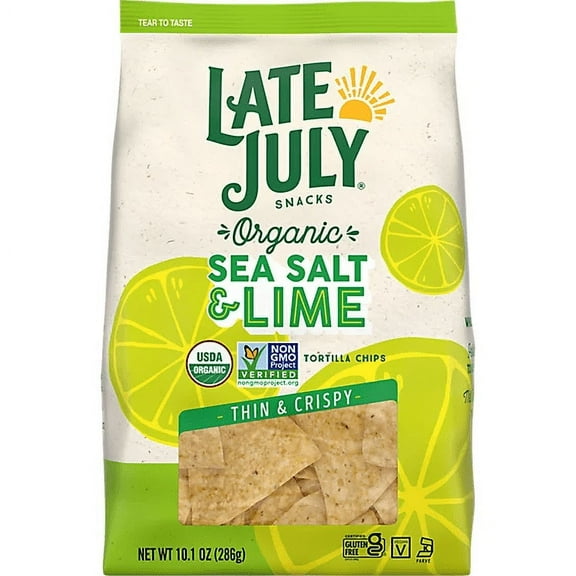 Late July Organic Sea Salt & Lime Tortilla Chips, Non GMO Restaurant Style, 2-Pack 10.1 oz. Bags