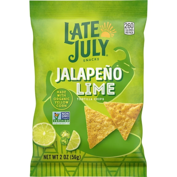Late July Snacks, Jalapeo DMF15 Lime Tortilla Chips, 2-oz. Snack Bag (Pack of 6)