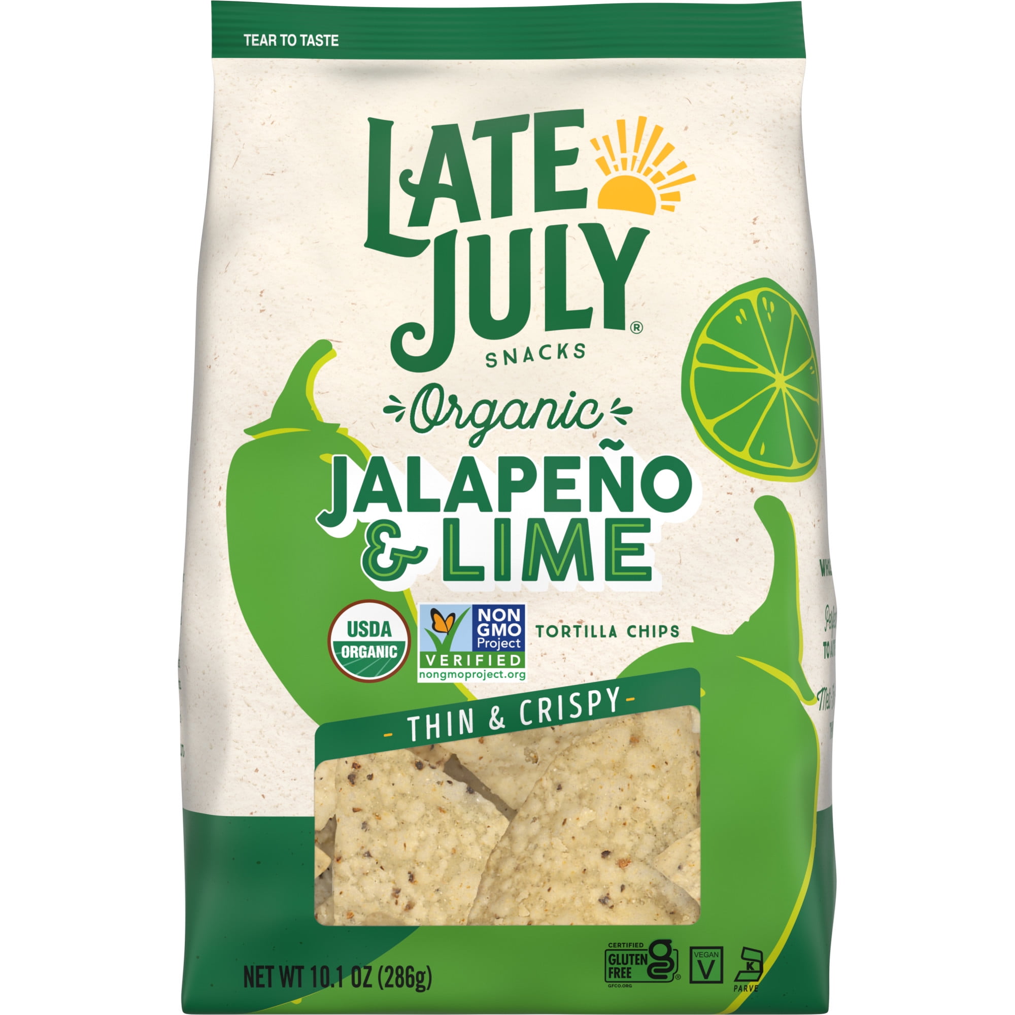Late July Snacks, Thin and Crispy Organic Tortilla Chips, Jalapeno & Lime, 10.1-oz. Bag