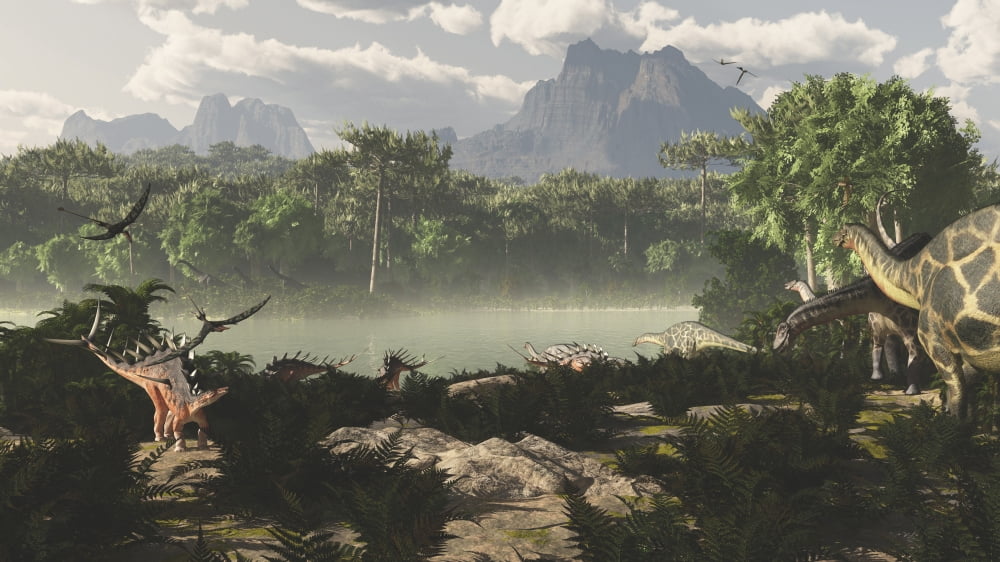 Late Jurassic East Africa with a host of different animals and plants Canvas Art - Arthur DoretyStocktrek Images (38 x 22)