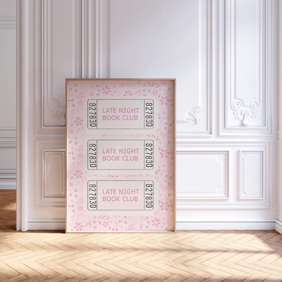 Late Night Book Club Poster, Trendy Bookish Ticket Poster, Pink Reading Nook Decor, Preppy Girly Dorm Room , Book Lover,, Stretched Canvas Size 8x12