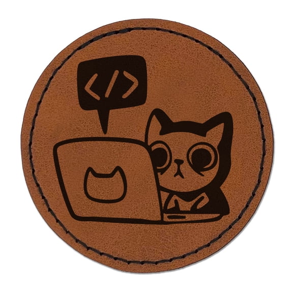 Late Night Coding Working Cat Introvert Workaholic Round Iron-On Engraved Faux Leather Patch Applique - 2.5 Inch - Brown