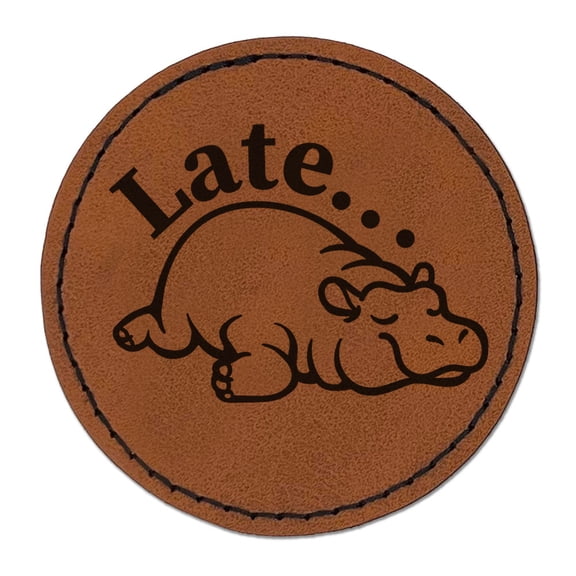 Late Sleeping Hippo Hippopotamus Funny Cute Round Iron-On Engraved Faux Leather Patch Applique - 2.5 Inch - Brown