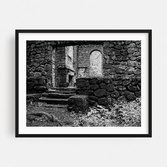 Late Summer at Northgate (2025; CE) - Cold Spring New York Photography Abandoned Black and White Architecture Rustic Moody Forest Black Framed Wall Art Print 5 x 7 inches