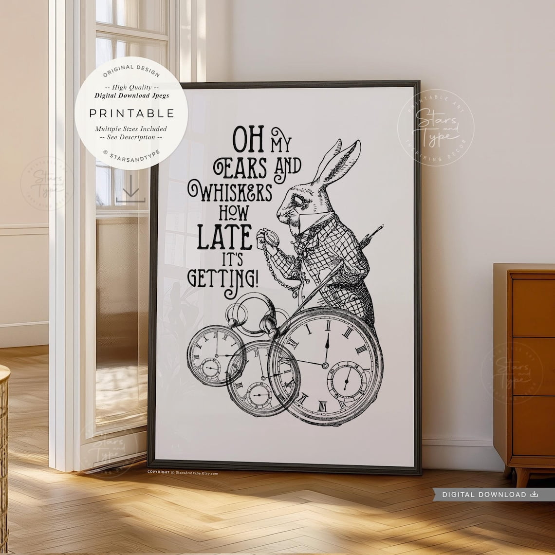 Late White Rabbit Wonderland Quote Poster, Stretched Size 12x18 ...
