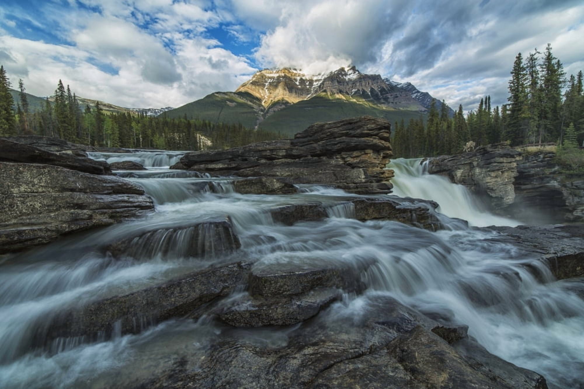 Late afternoon sun lights up Mount Fryatt as the Athabasca River flows over Athabasca Falls in Jasper National Park Alberta Canada Canvas Art - Robert Postma Design Pics (38 x 24)