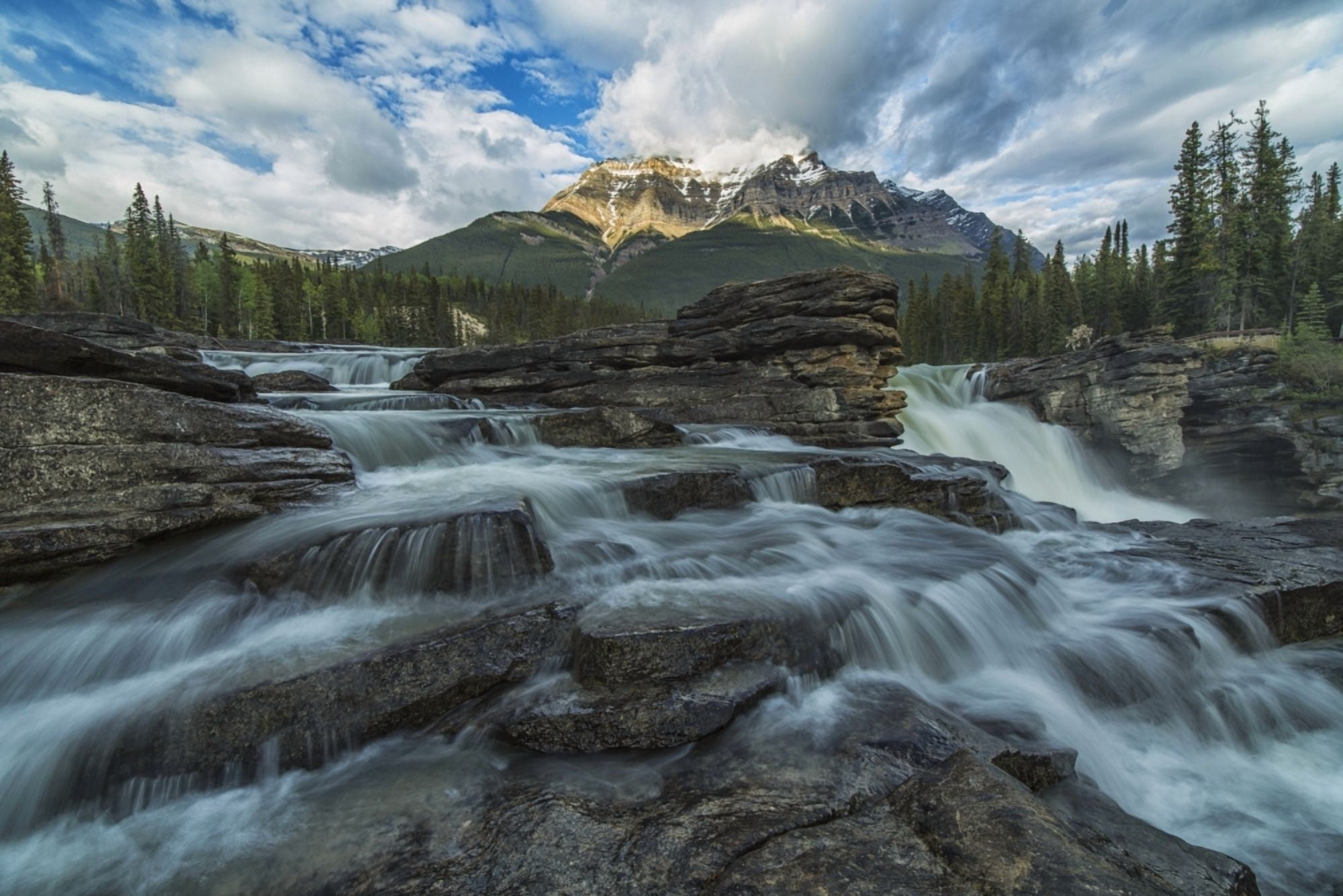 Late afternoon sun lights up Mount Fryatt as the Athabasca River flows over Athabasca Falls in Jasper National Park Alberta Canada Canvas Art - Robert Postma Design Pics (19 x 12)