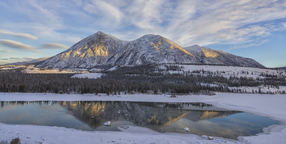 Late winter afternoon light warms up the mountains along the Takhini River near Whitehorse Yukon Canada Canvas Art - Robert Postma Design Pics (21 x 11)
