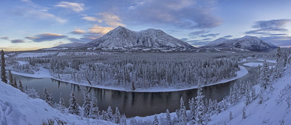 Late winter afternoon light warms up the mountains along the Takhini River near Whitehorse Yukon Canada Canvas Art - Robert Postma Design Pics (44 x 20)