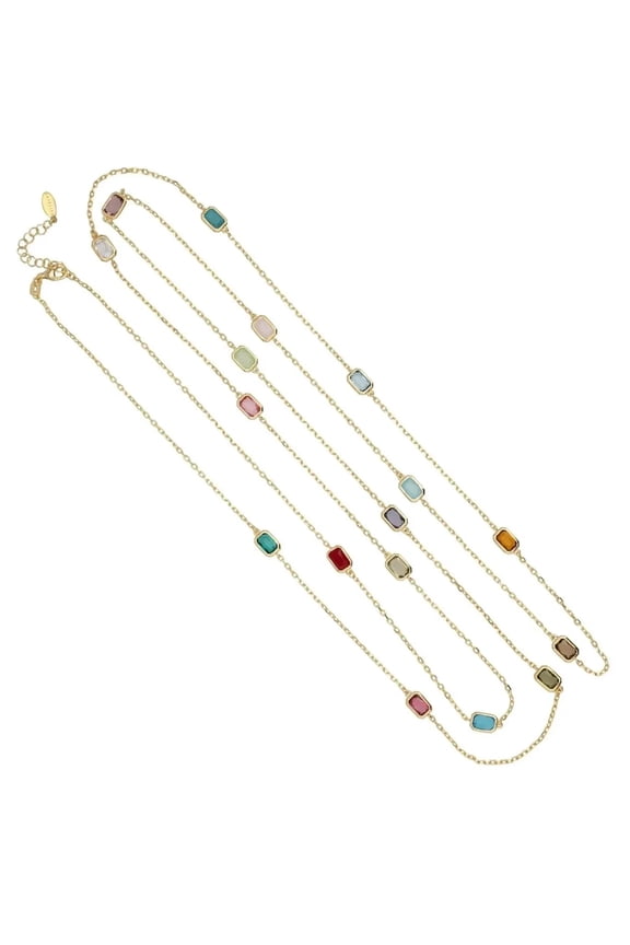 Rainbow   Long Necklace 18ct Gold Plated Sterling Silver  Natural Gemstone  Rectangular  Blue Topaz Blue  Multicoloured Perfect Partywear  120 CM