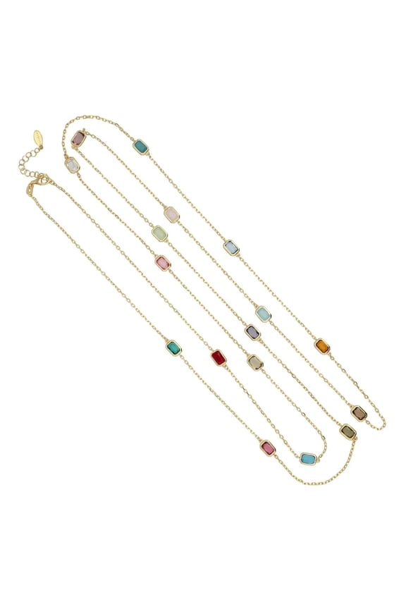Rainbow   Long Necklace 18ct Gold Plated Sterling Silver  Natural Gemstone  Rectangular  Blue Topaz Blue  Multicoloured Perfect Partywear  120 CM