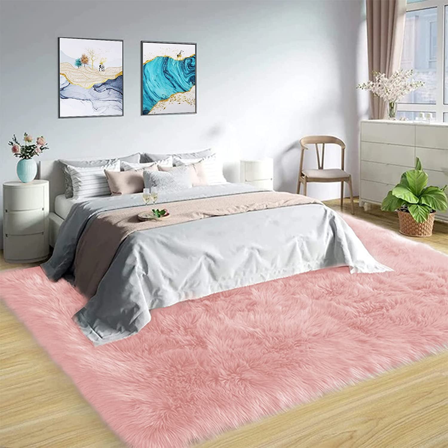 Latepis 10x12 Carpet Pink Faux Fur Rug for Living Room and Bedroom
