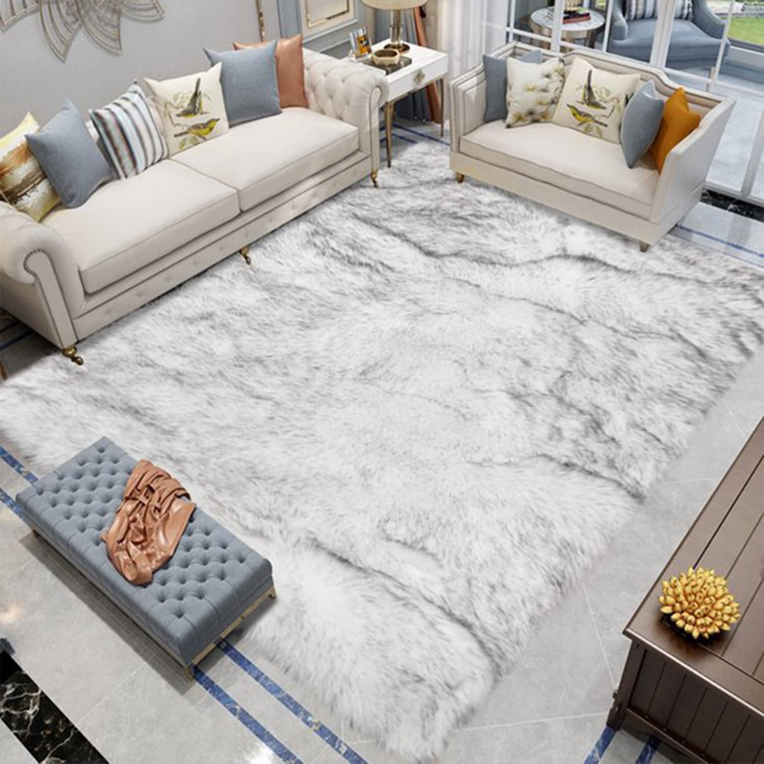 Latepis Soft Plush Furry Area Rug, 10x14 Big White with Grey Latepis Soft Plush Furry Area Rug, 10x14 Big White with Grey